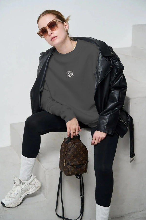 Füme Unisex Loewe Yüksek Baskı Bisiklet Yaka Oversize Sweatshirt