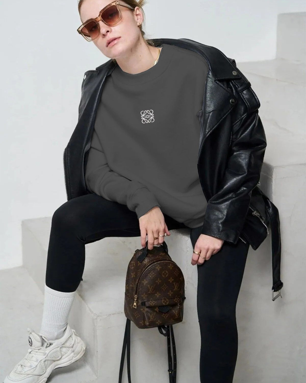 Füme Unisex Loewe Yüksek Baskı Bisiklet Yaka Oversize Sweatshirt