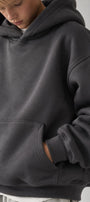 Erkek Çocuk Oversize Basic Hoodie Sweatshirt Füme – Kapüşonlu, Kanguru Cepli, 3 İplik Polar