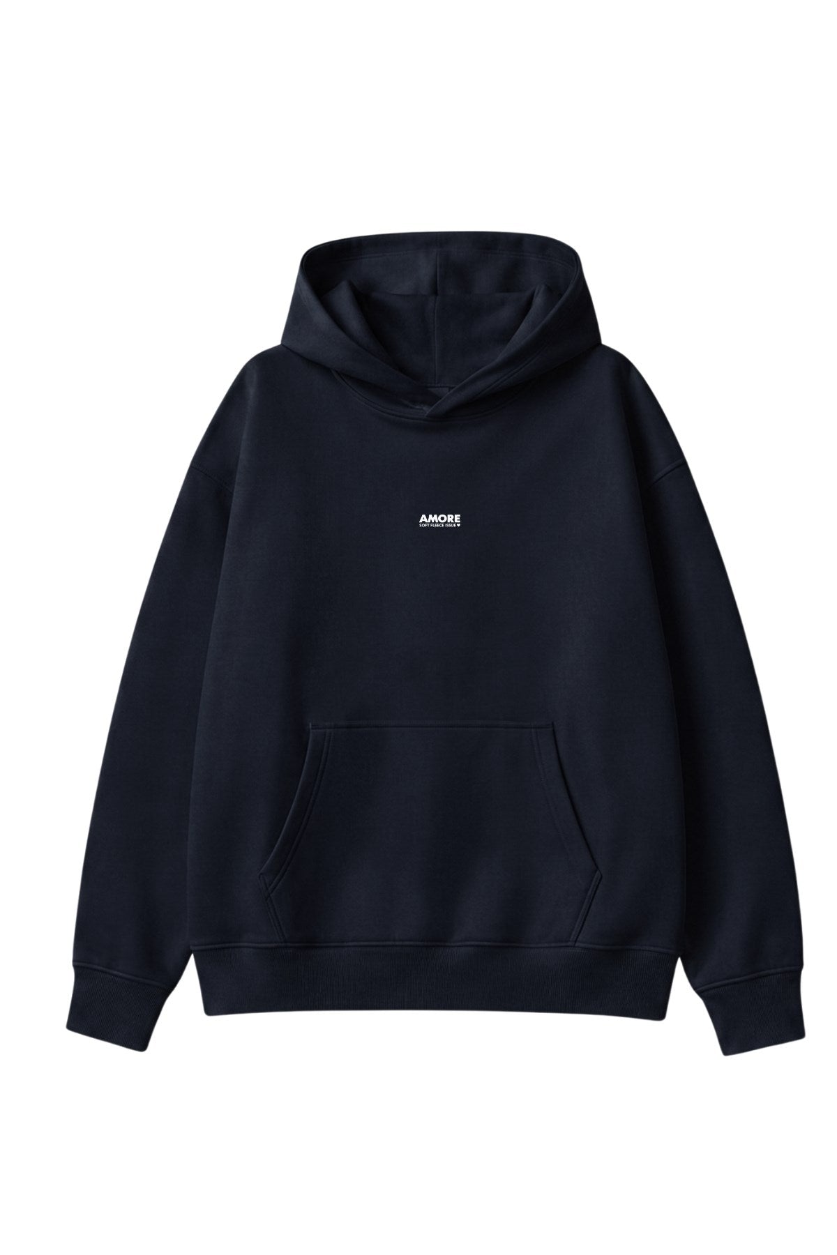 Kadın Oversize Hoodie Amore Baskılı Lacivert – Kapüşonlu, Kanguru Cepli, 3 İplik Şardonlu Polar