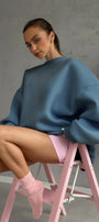 Kadın Oversize Sweatshirt Elbise Basic Marine – Bisiklet Yaka, 3 İplik Şardonlu Polar