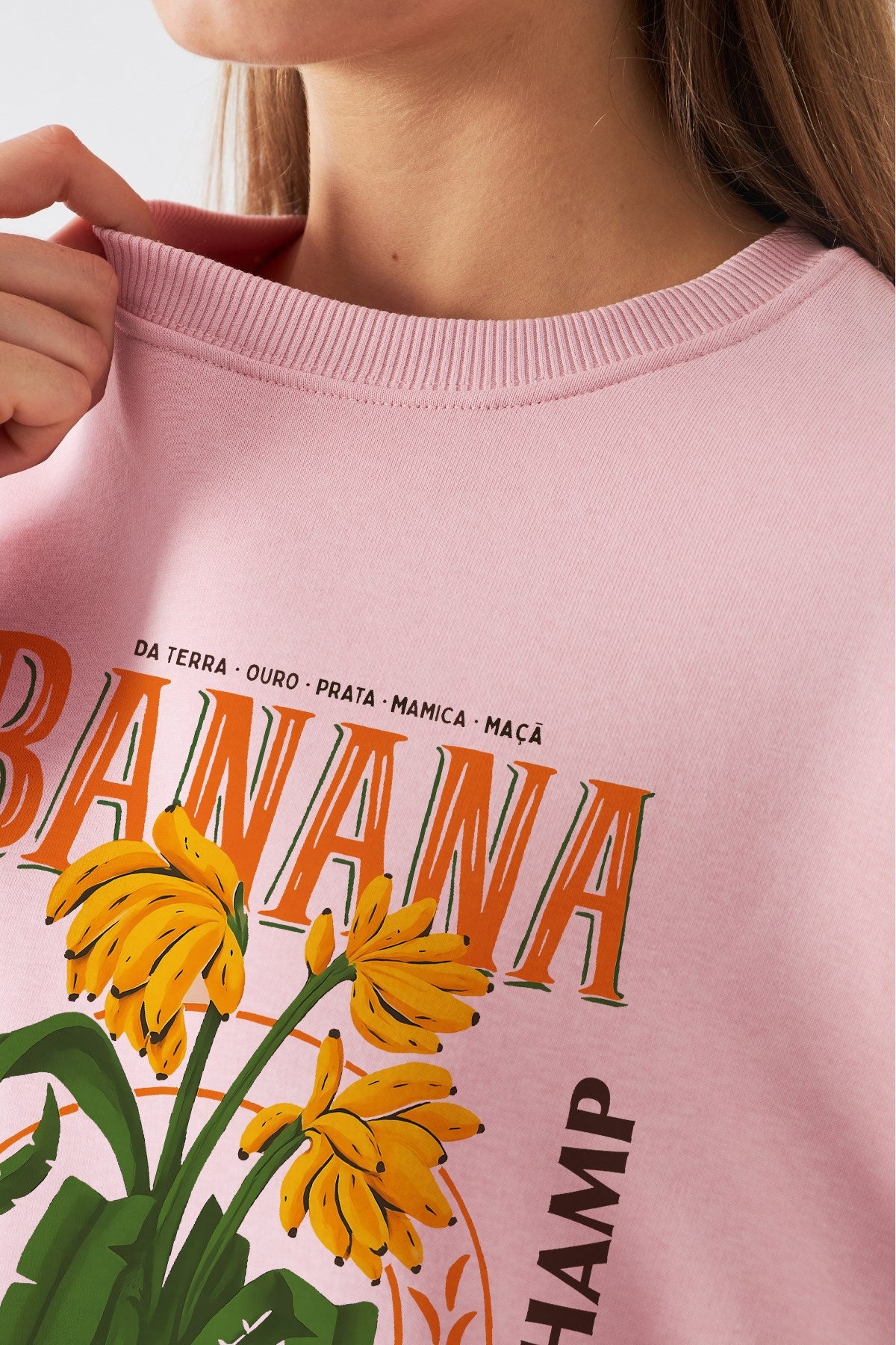 Kadın Oversize Sweatshirt Banana Tropical Baskılı Pembe – Bisiklet Yaka, 3 İplik Şardonlu Polar