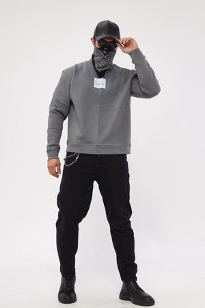 Bisiklet Yaka İçi Polar Syzygy Yazı Baskılı Füme Oversize Sweatshirt