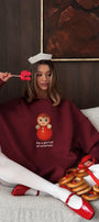Kadın Oversize Sweatshirt Elbise Matryoshka Girl Baskılı Bordo – Bisiklet Yaka, 3 İplik Polar