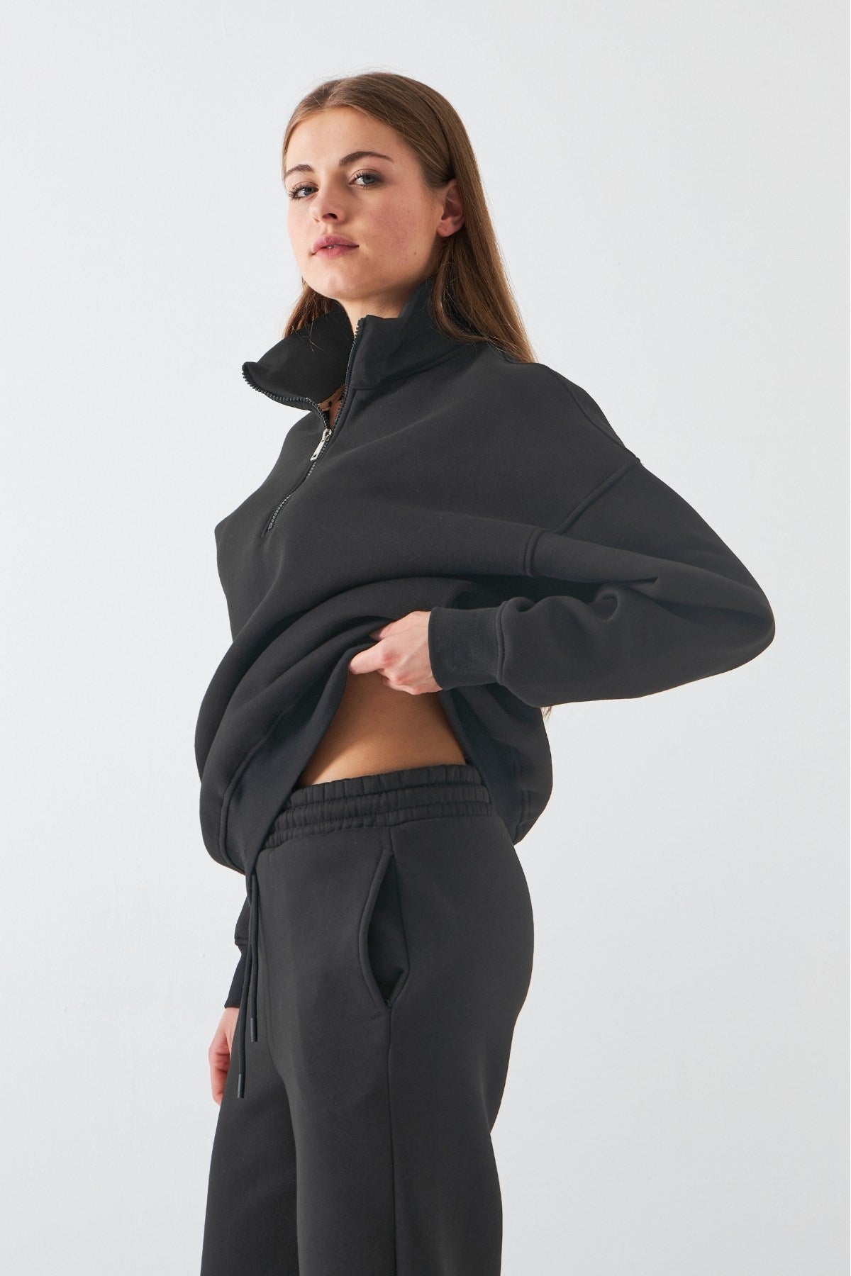 Unisex Oversize Sweatshirt Basic Füme – Yarım Fermuar Dik Yaka, 3 İplik Şardonlu Polar