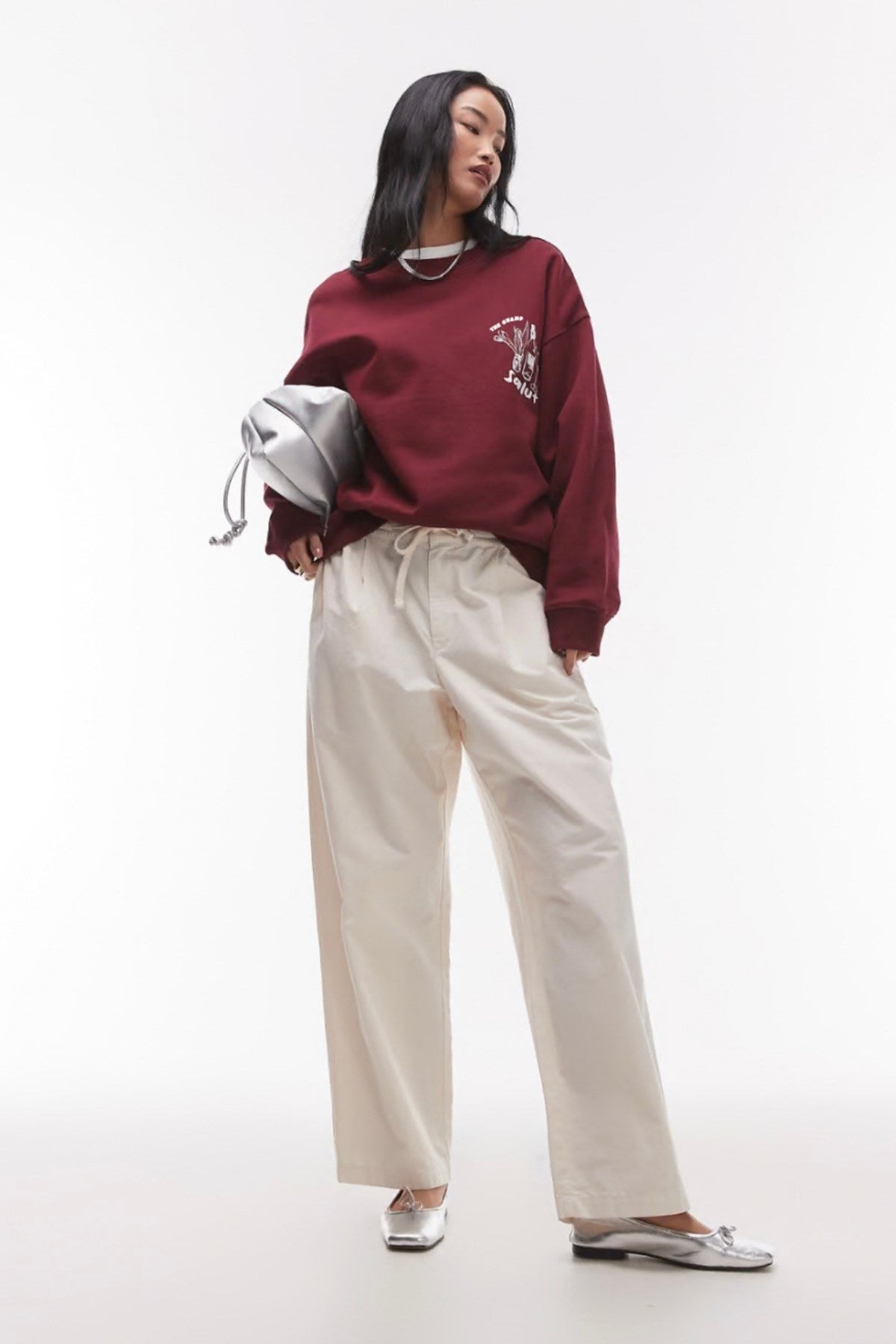 Oversize Unisex Sweatshirt Bordo – 3 İplik Şardonlu Polar Kumaş, Bisiklet Yaka, Salut Arka Baskılı