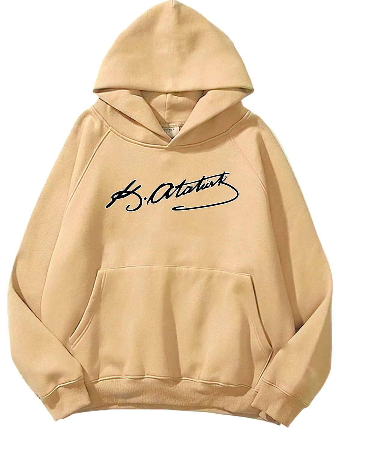 Kapüşonlu İçi Polar Kemal Atatürk İmzalı Baskılı Bej Unisex Hoodie Sweatshirt