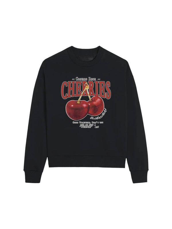 Bisiklet Yaka İçi Polar Cherries Baskılı Siyah Oversize Sweatshirt