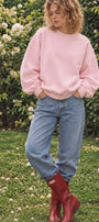 Kadın Oversize Sweatshirt Wellness Baskılı Pembe – Bisiklet Yaka, 3 İplik Şardonlu Polar, Düşük Omuz