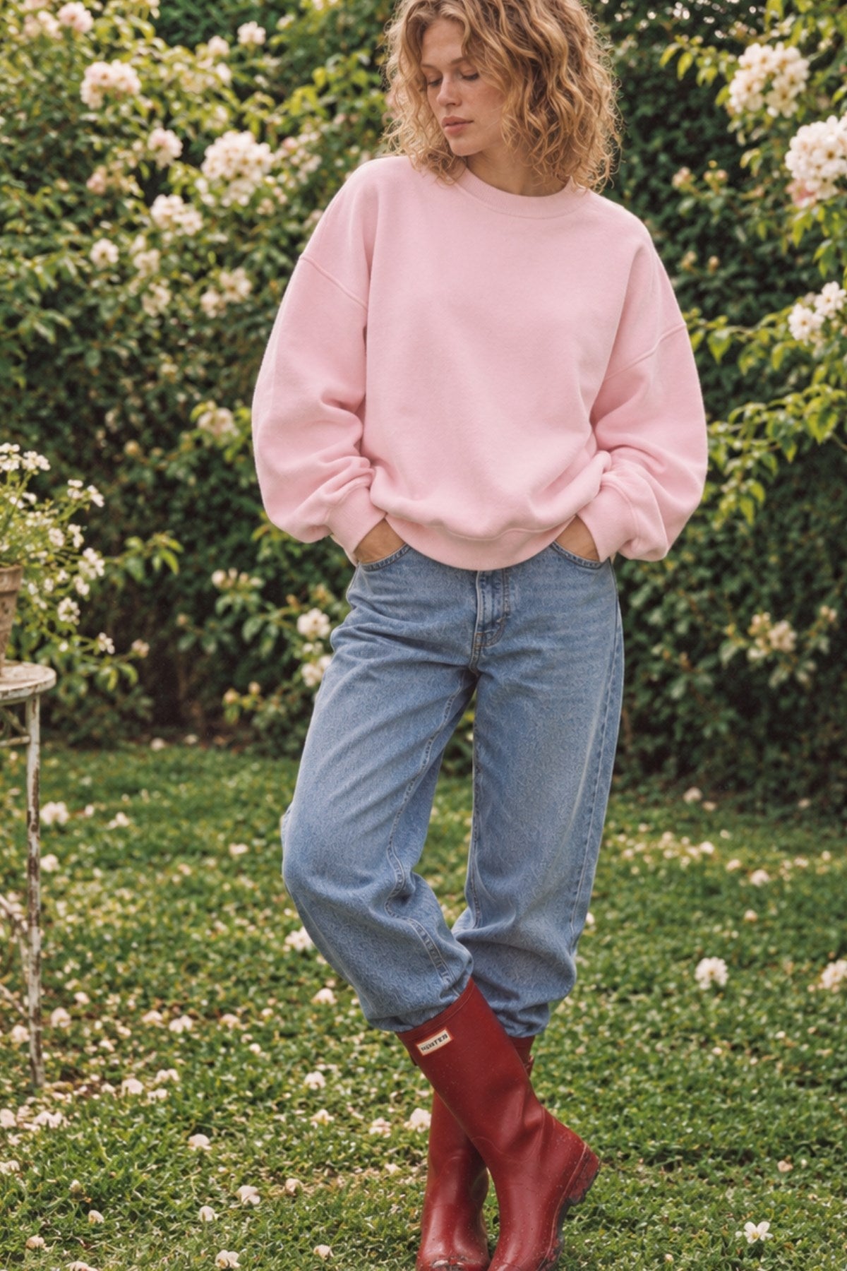 Kadın Oversize Sweatshirt Wellness Baskılı Pembe – Bisiklet Yaka, 3 İplik Şardonlu Polar, Düşük Omuz