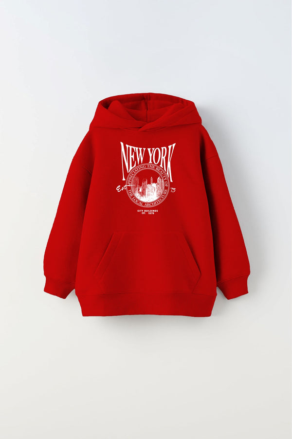 Kapüşonlu İçi Polar New York Yazı Baskılı Kırmızı Unisex Çocuk Hoodie Sweatshirt