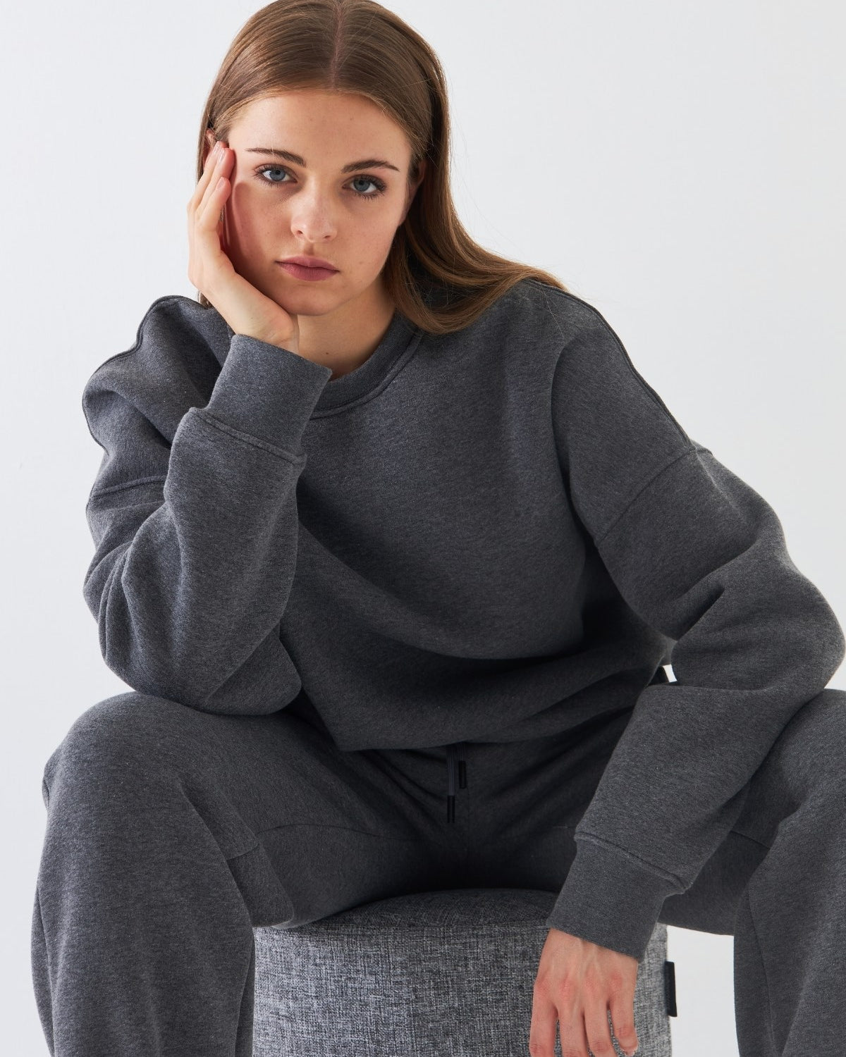 Unisex Oversize Sweatshirt Basic Füme Melanj – Bisiklet Yaka, 3 İplik Şardonlu Polar