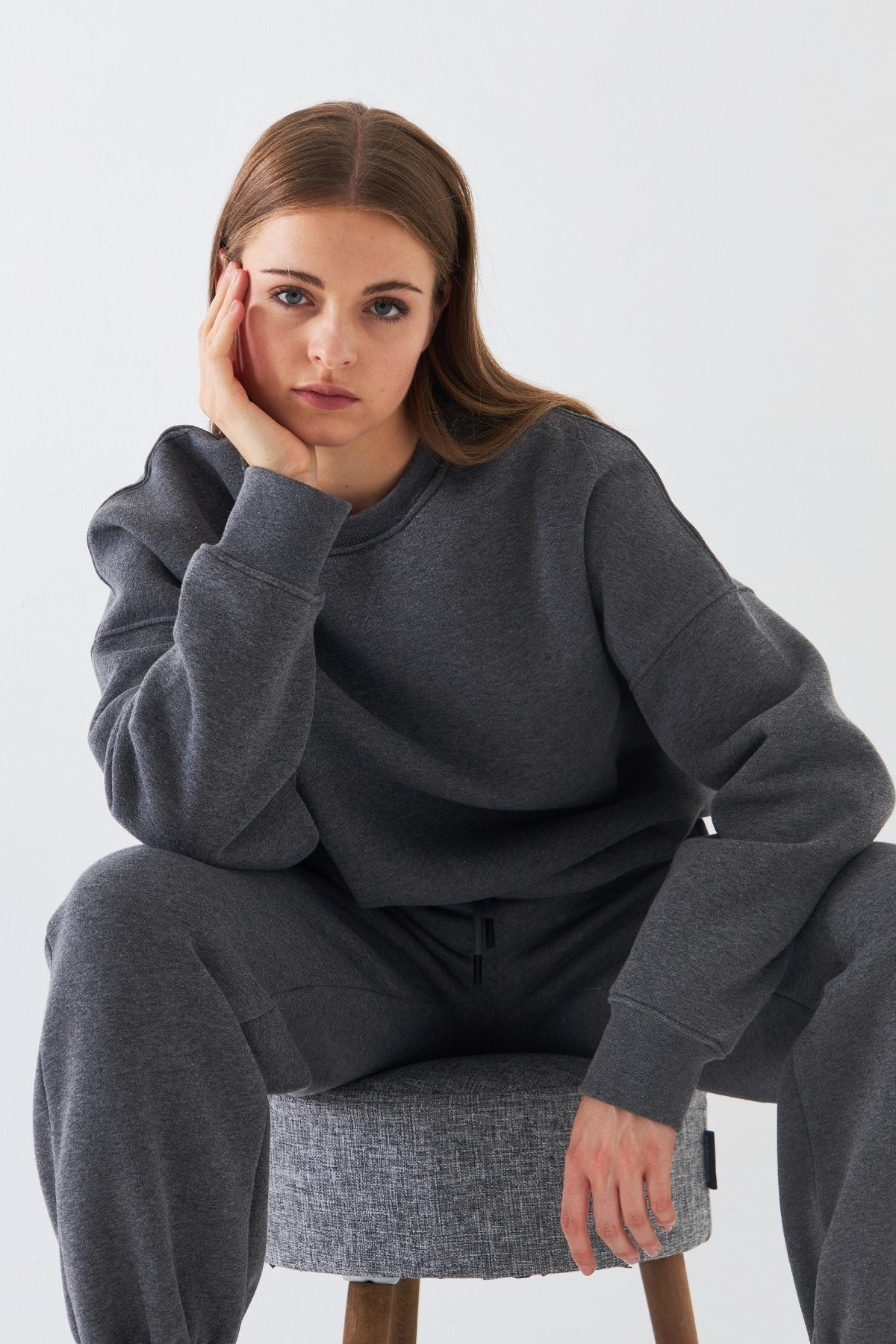 Unisex Oversize Sweatshirt Basic Füme Melanj – Bisiklet Yaka, 3 İplik Şardonlu Polar