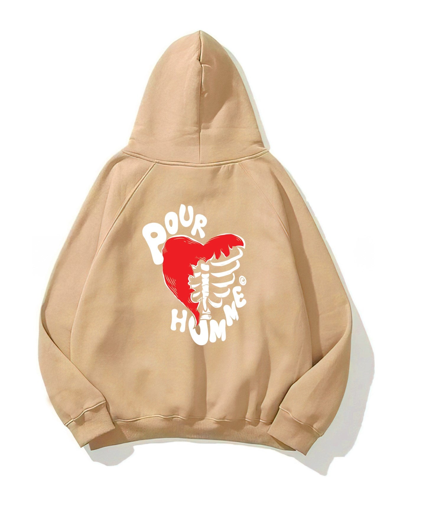 Kapüşonlu İçi Polar Kalp İskelet Baskılı Bej Unisex Hoodie Sweatshirt