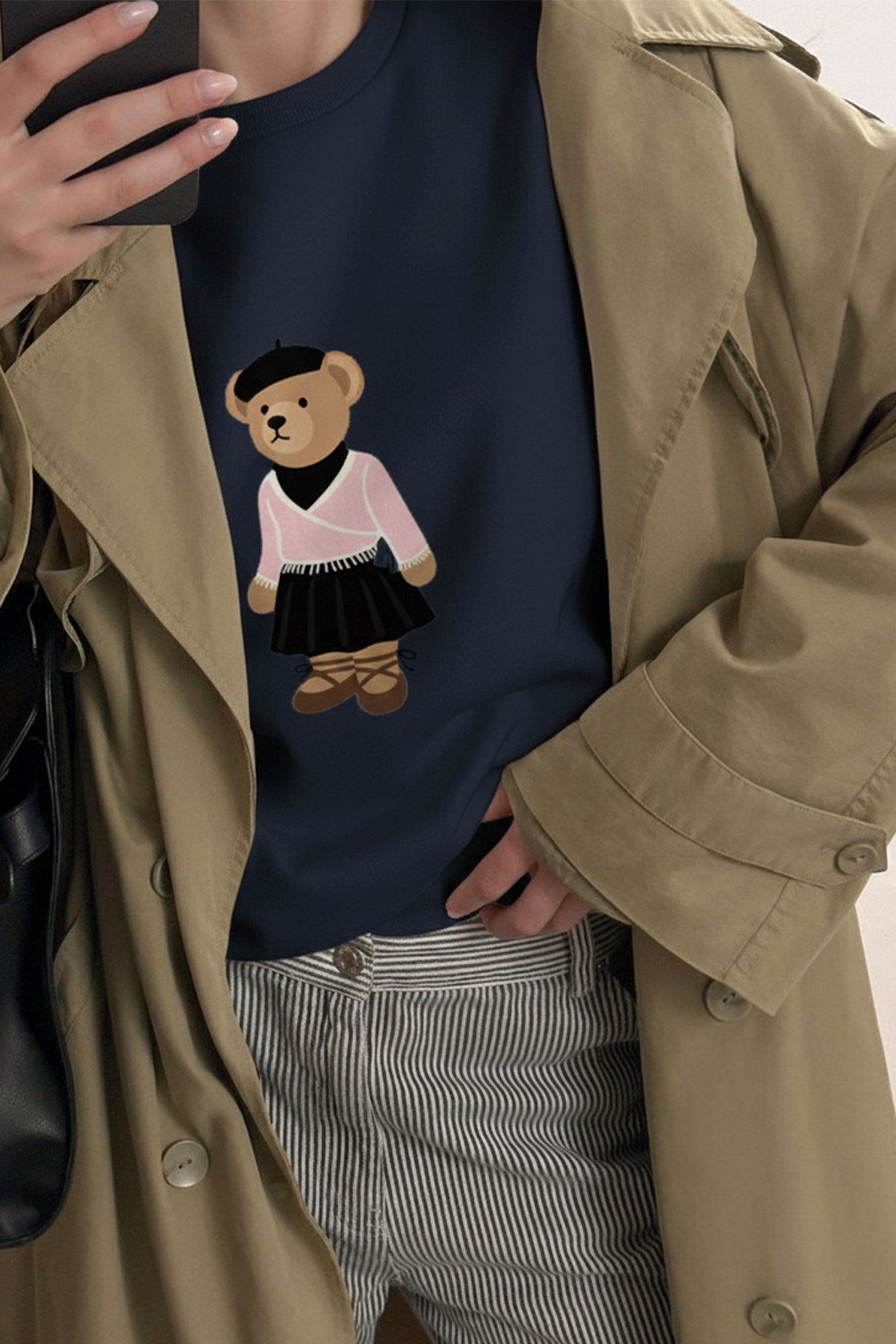 Kadın Oversize Sweatshirt Ballerina Bear Baskılı Lacivert– Bisiklet Yaka, 3 İplik Şardonlu Polar