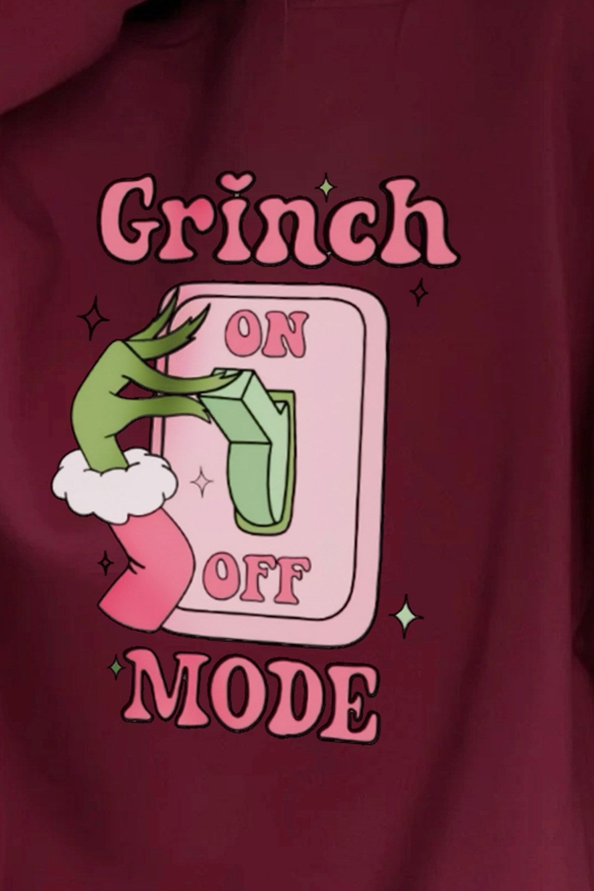 Kadın Oversize Sweatshirt Elbise Grinch Mode Baskılı Bordo – Bisiklet Yaka, 3 İplik Şardonlu Polar