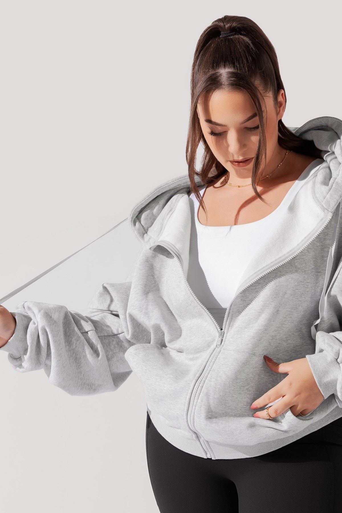Kadın Gri Oversize Fermuarlı Kapüşonlu Sweatshirt 3 İplik Şardonlu Kumaş