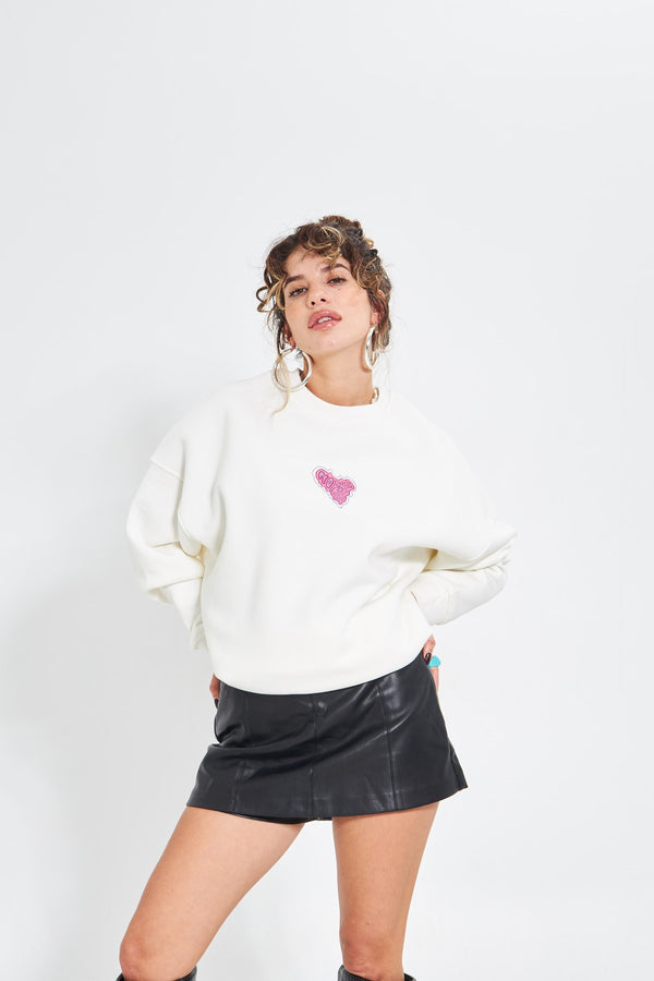 Beyaz Bisiklet Yaka Kadın No Fear Ön ve Baskılı Oversize Sweatshirt