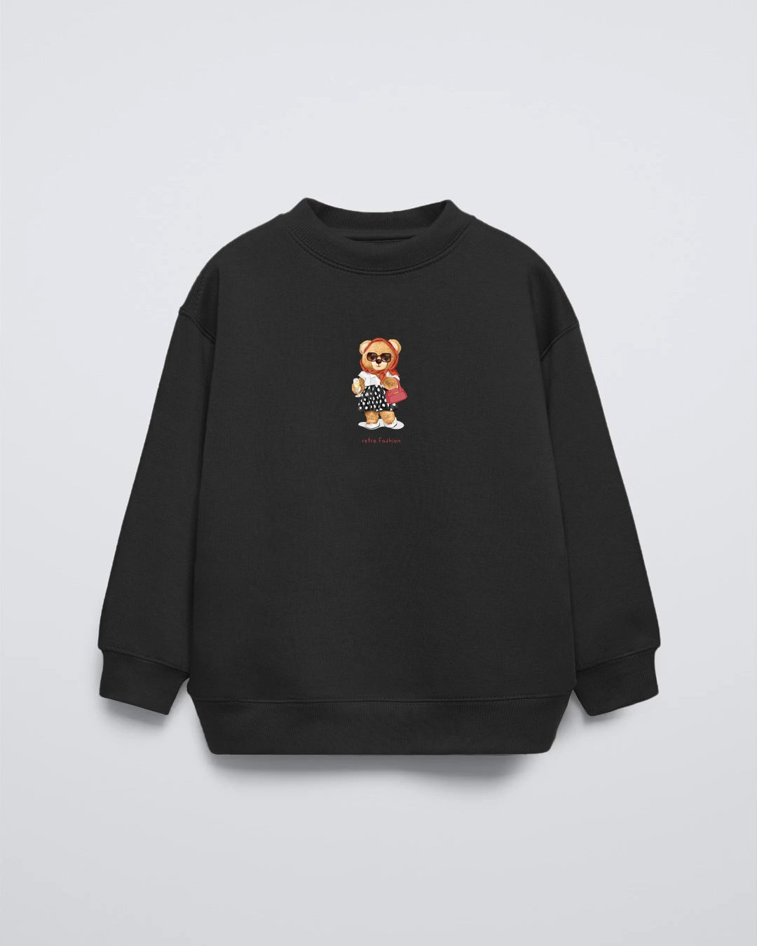 Siyah Bisiklet Yaka Retro Fashion Yazılı Puantiyeli Ayıcık Baskılı Oversize Çocuk Sweatshirt