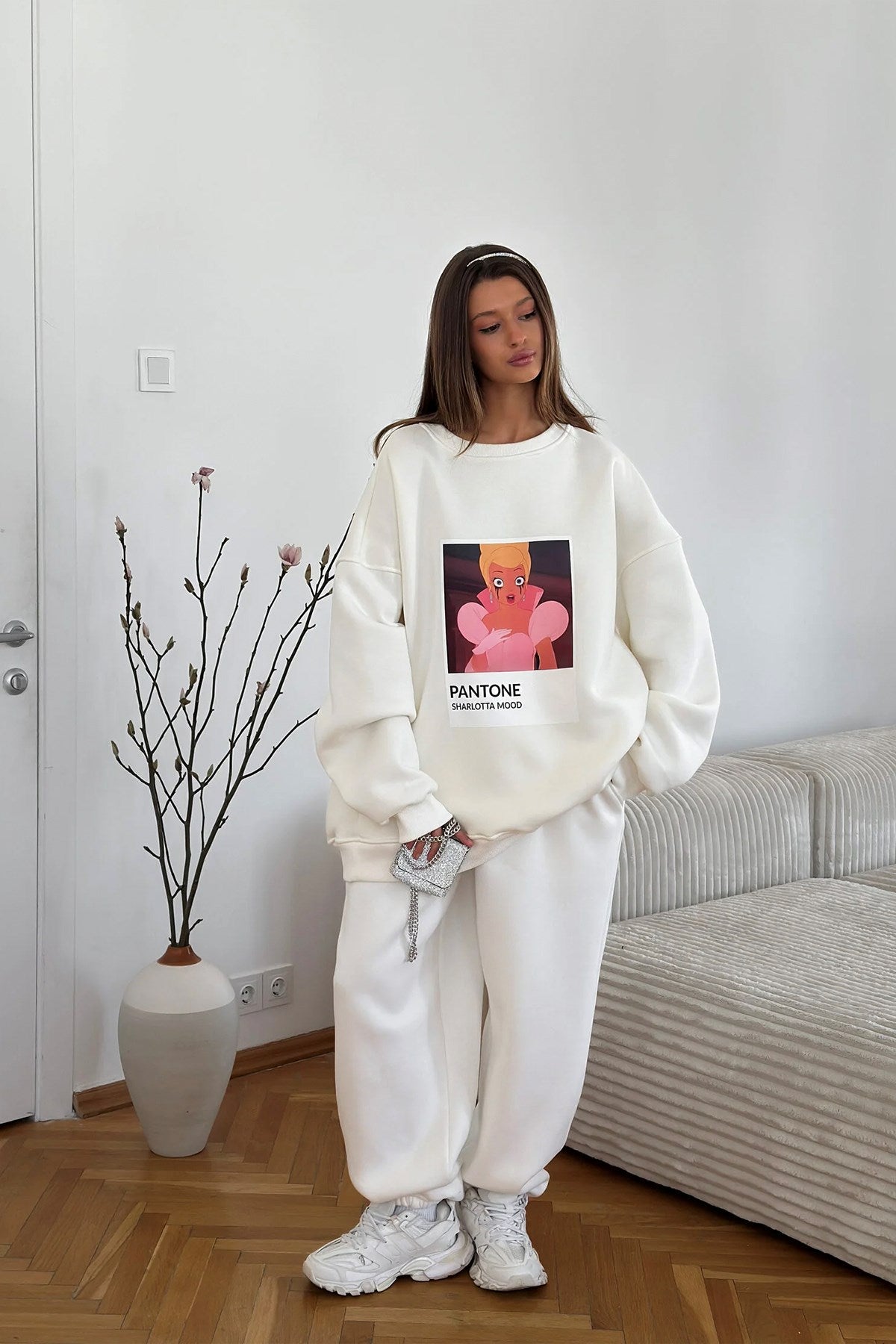 Kadın Oversize Sweat  – 3 İplik Şardonlu Polar, Bisiklet Yaka, Pantone – Prenses Baskılı
