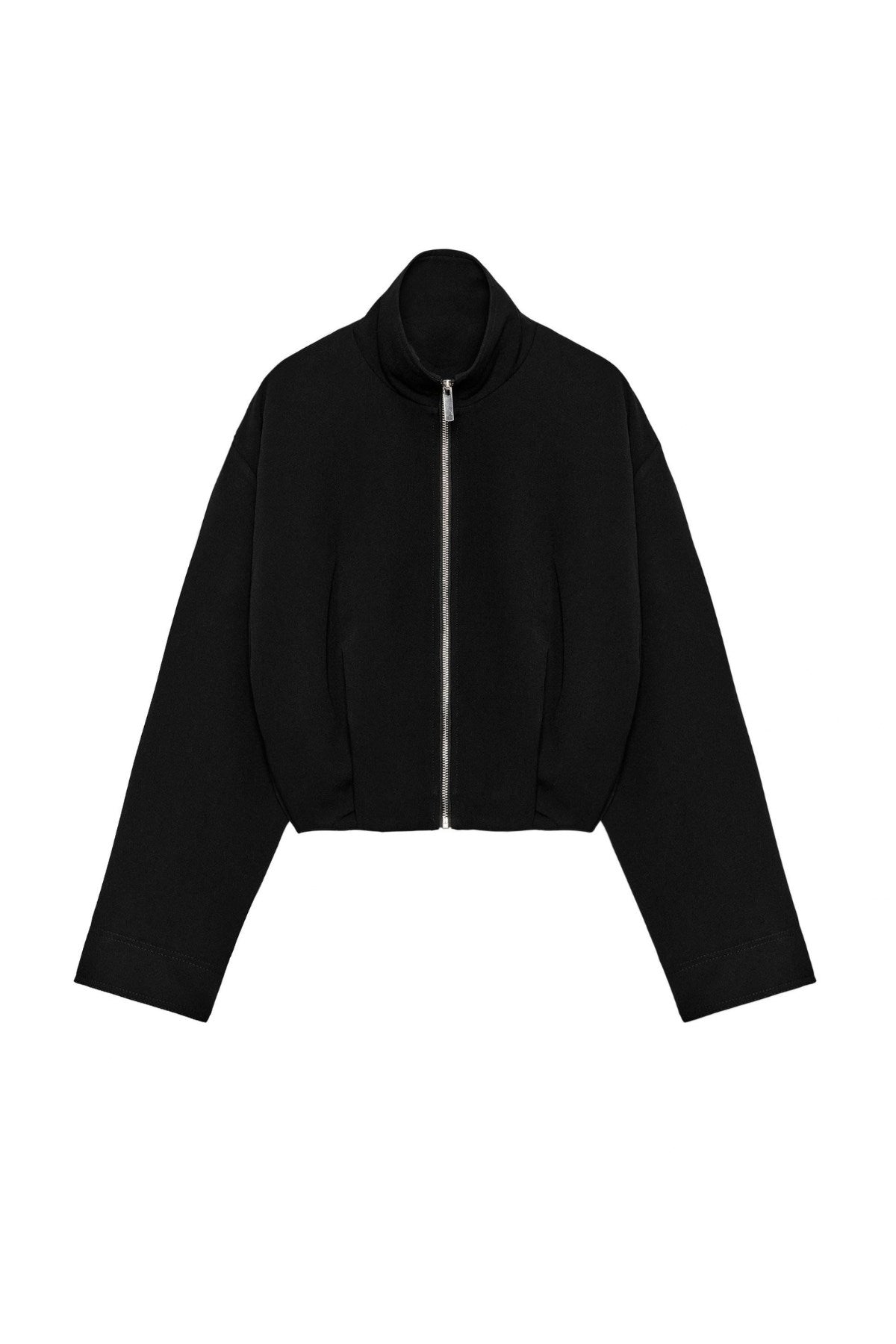 Kadın Vanta Oversize Bomber Ceket Siyah – Dik Yaka, Tam Fermuarlı, Gizli Cepli, Elastik Belli