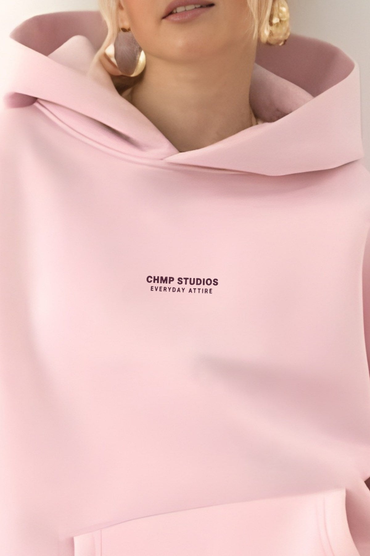 Kadın Oversize Sweatshirt Hoodie CHMP STUDIOS Pembe – Kapüşonlu, 3 İplik Polar, Kanguru Cepli