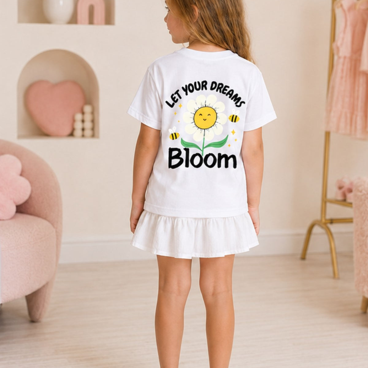 Kız Çocuk Tişört Let Your Dreams Bloom Baskılı Beyaz – Bisiklet Yaka, Rahat Kalıp, %100 Pamuk