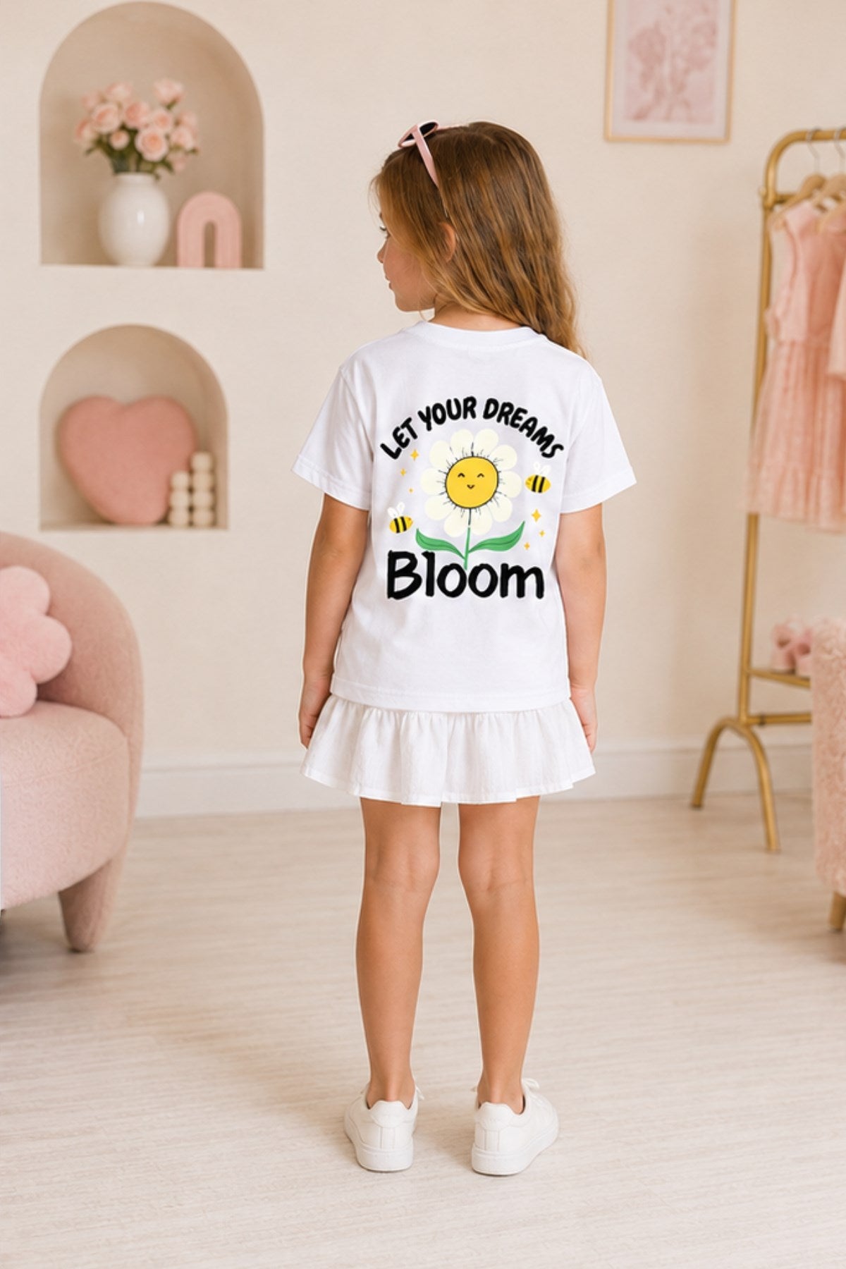 Kız Çocuk Tişört Let Your Dreams Bloom Baskılı Beyaz – Bisiklet Yaka, Rahat Kalıp, %100 Pamuk