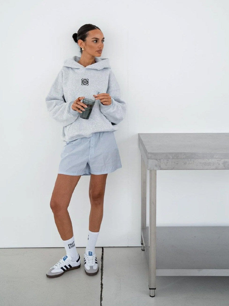 Gri Melanj Unisex Yüksek Baskılı Kapüşonlu Kanguru Cepli Oversize Hoodie