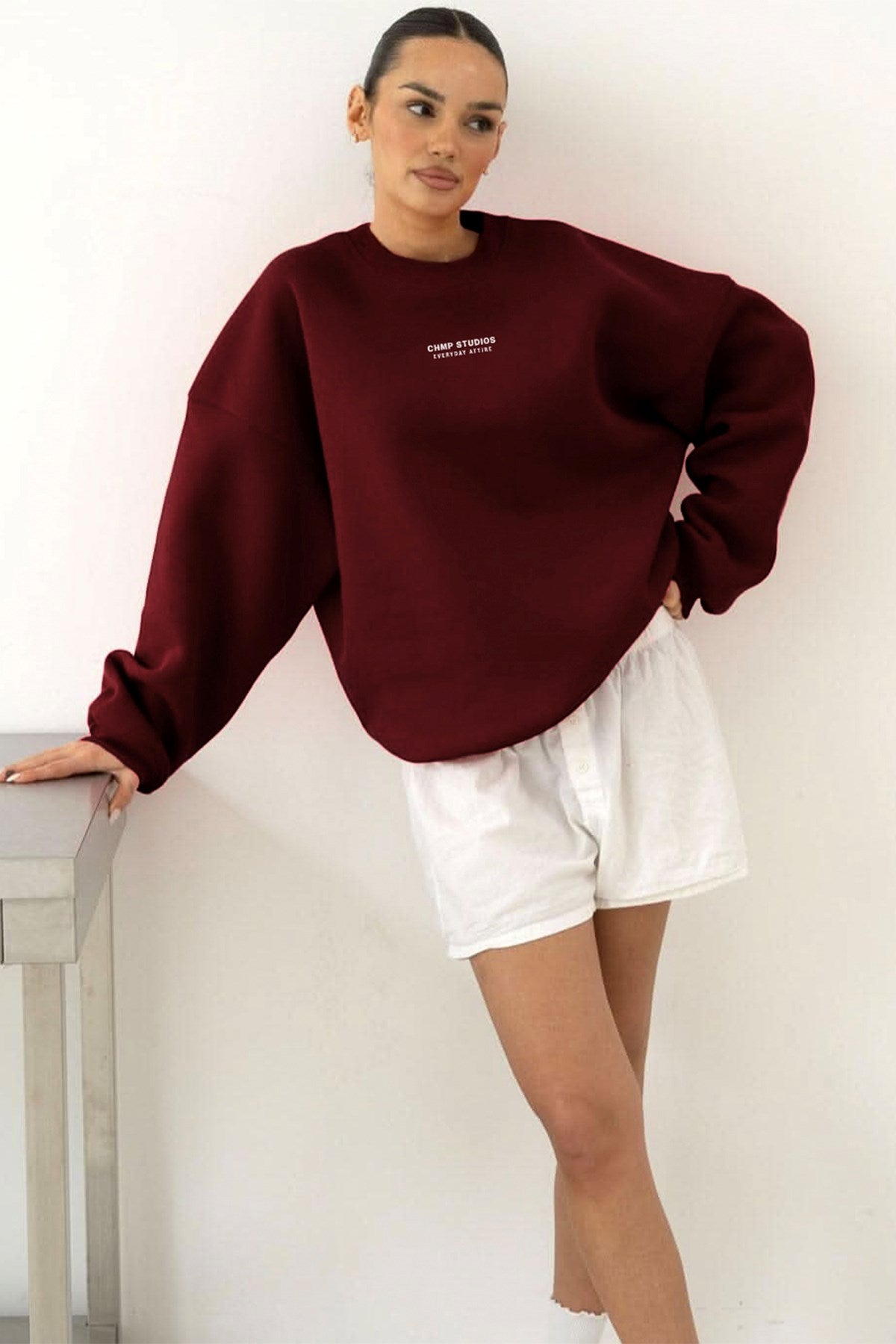 Kadın Oversize Sweatshirt CHMP STUDIOS Bordo – Bisiklet Yaka, 3 İplik Şardounlu Polar