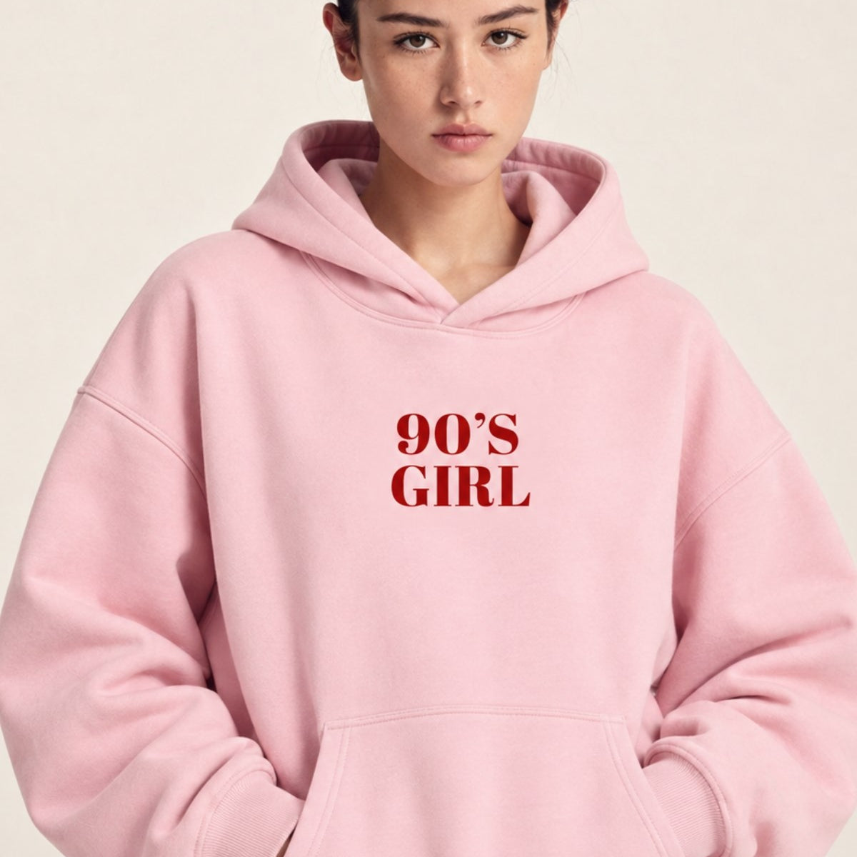 Kadın Oversize Hoodie 90’s Girl Baskılı Pembe – Kapüşonlu, Kanguru Cepli, 3 İplik Polar