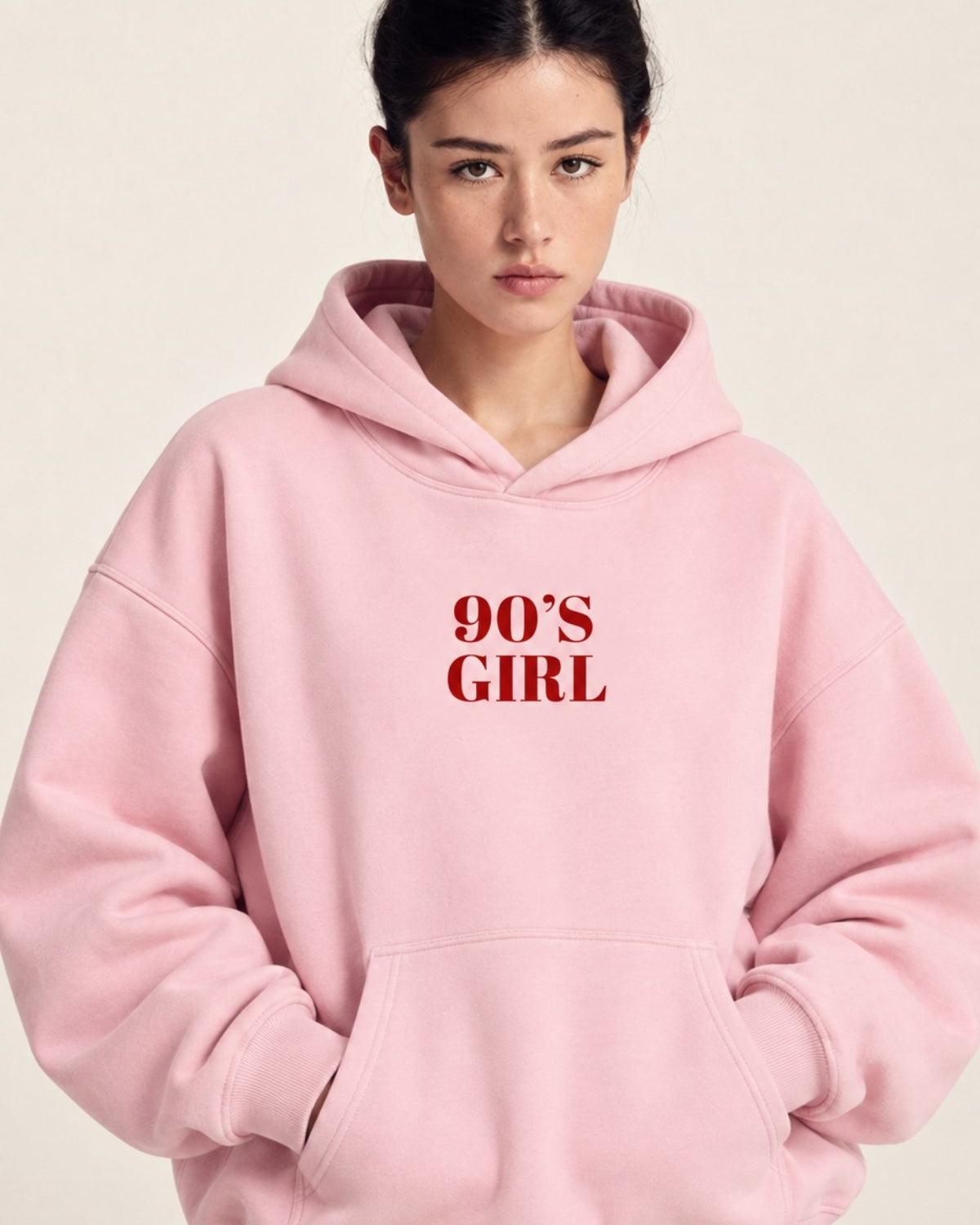 Kadın Oversize Hoodie 90’s Girl Baskılı Pembe – Kapüşonlu, Kanguru Cepli, 3 İplik Polar
