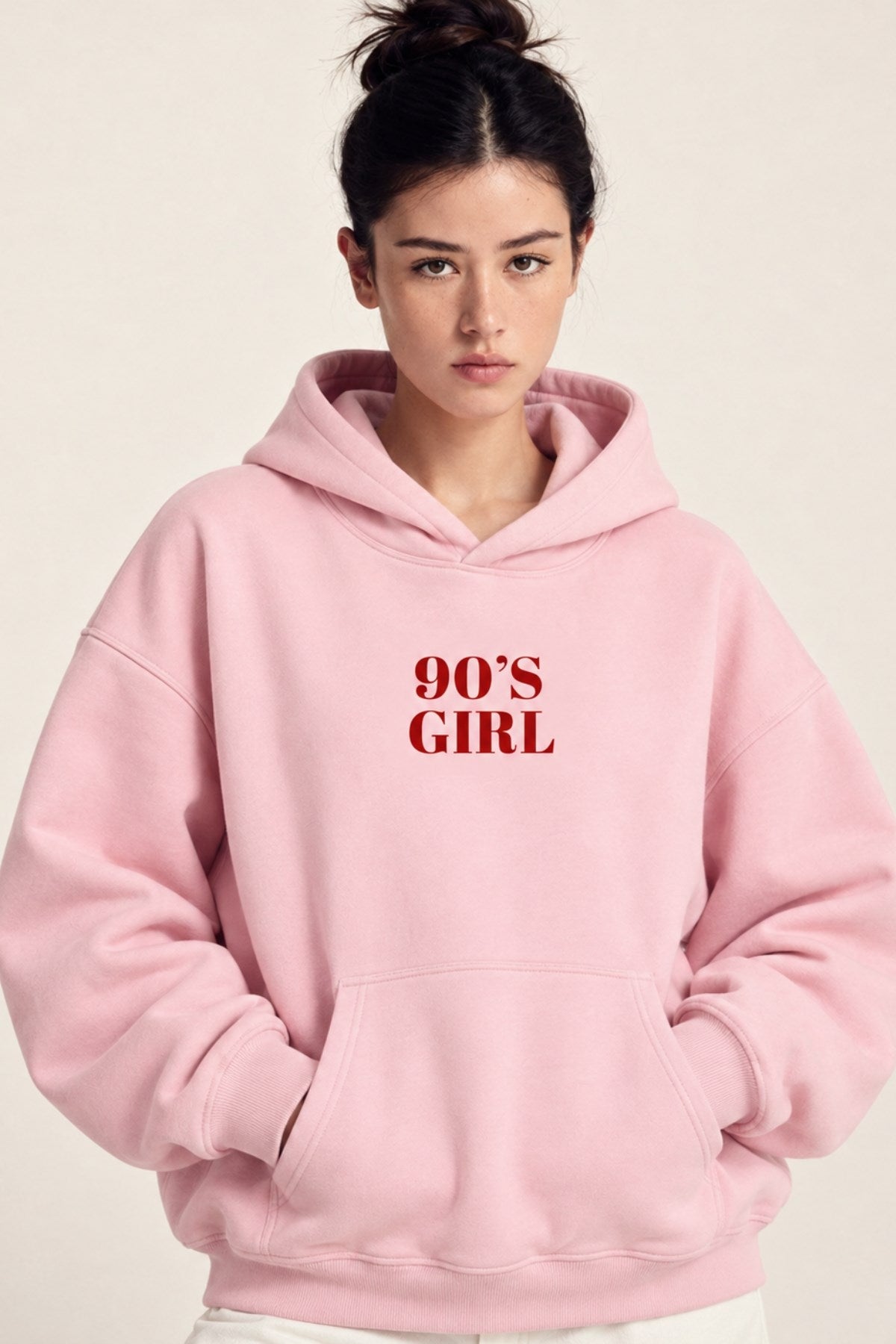 Kadın Oversize Hoodie 90’s Girl Baskılı Pembe – Kapüşonlu, Kanguru Cepli, 3 İplik Polar
