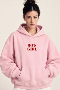 Kadın Oversize Hoodie 90’s Girl Baskılı Pembe – Kapüşonlu, Kanguru Cepli, 3 İplik Polar