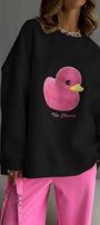 Kadın Siyah Bisiklet Yaka Sweatshirt Elbise– Pembe Ördek Baskılı 3 İplik Şardonlu Oversize