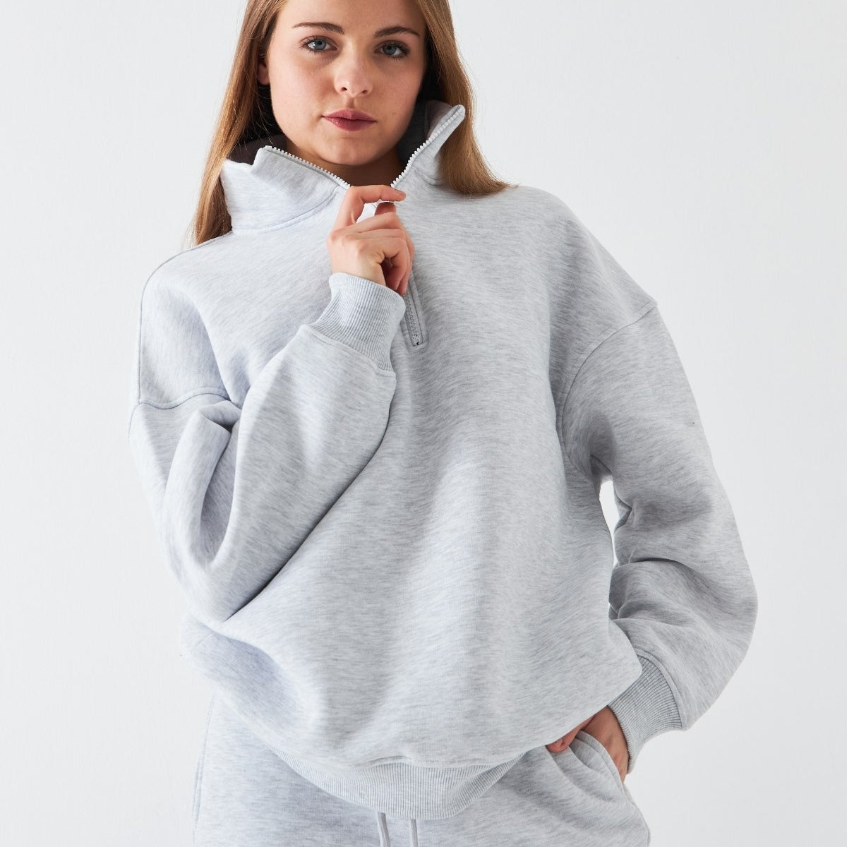 Unisex Oversize Sweatshirt Basic Gri – Yarım Fermuar Dik Yaka, 3 İplik Şardonlu Polar
