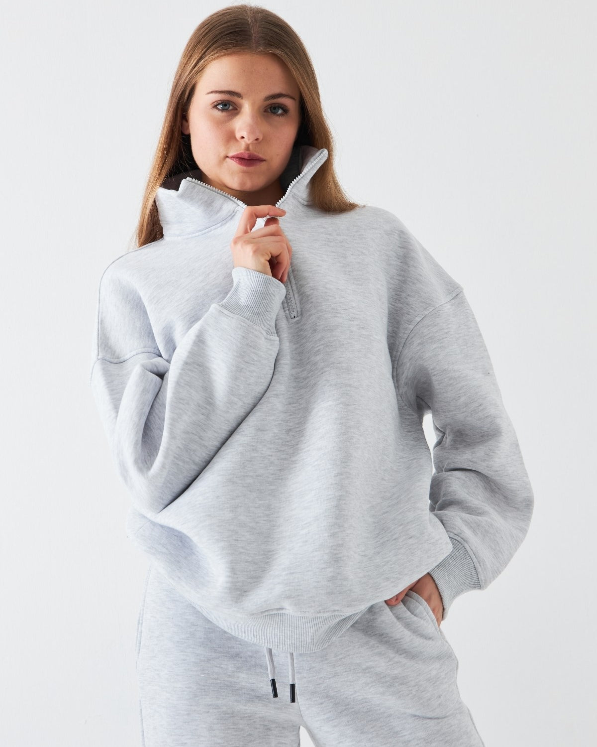 Unisex Oversize Sweatshirt Basic Gri – Yarım Fermuar Dik Yaka, 3 İplik Şardonlu Polar