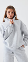 Unisex Oversize Sweatshirt Basic Gri – Yarım Fermuar Dik Yaka, 3 İplik Şardonlu Polar