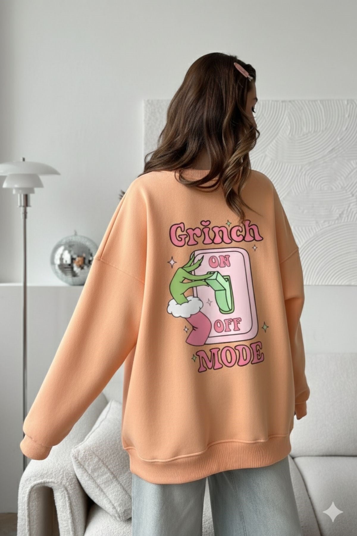 Kadın Oversize Sweatshirt Elbise Grinch Mode Baskılı Turuncu – Bisiklet Yaka, 3 İplik Şardonlu Polar