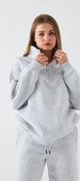 Unisex Oversize Sweatshirt Basic Gri – Yarım Fermuar Dik Yaka, 3 İplik Şardonlu Polar