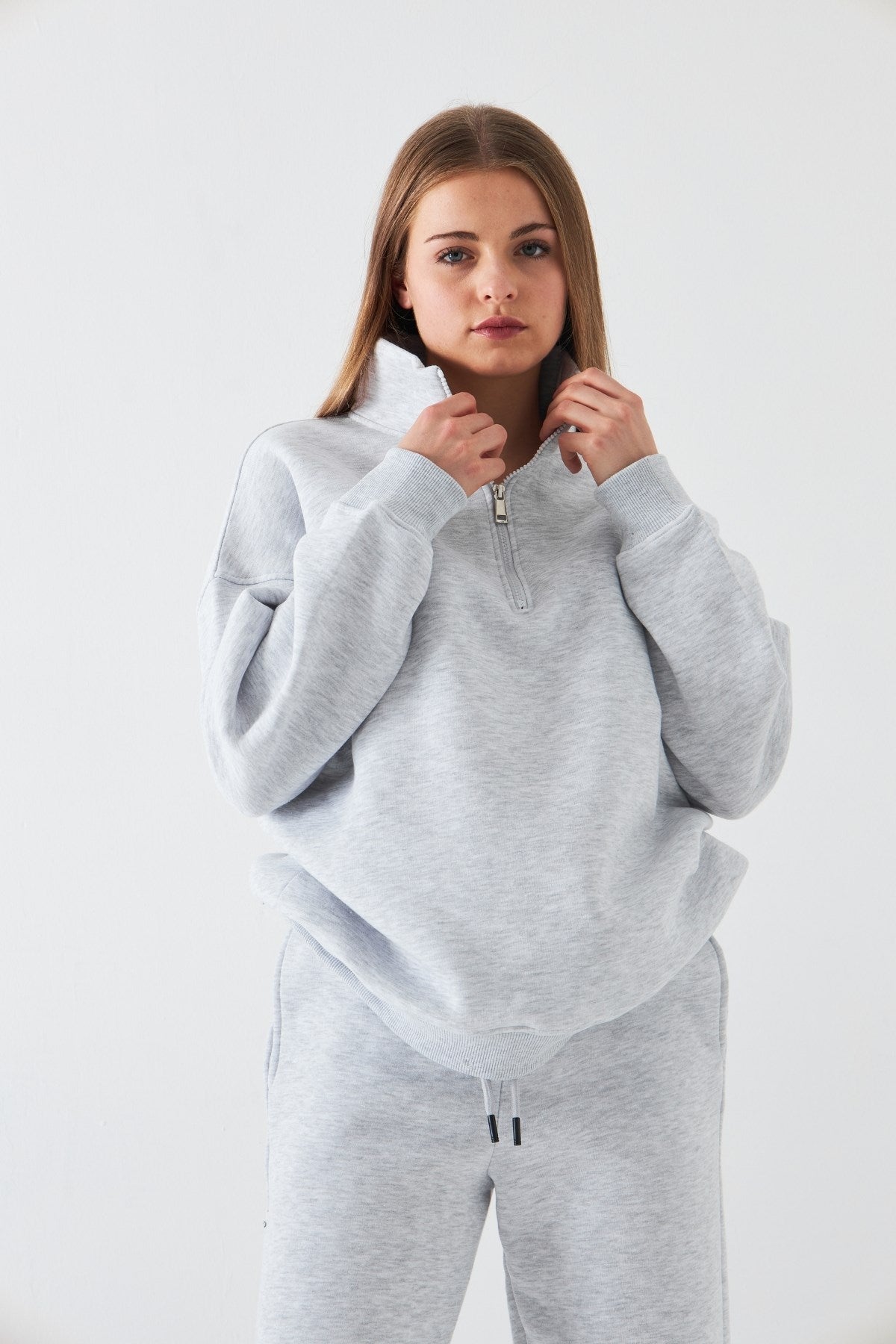 Unisex Oversize Sweatshirt Basic Gri – Yarım Fermuar Dik Yaka, 3 İplik Şardonlu Polar