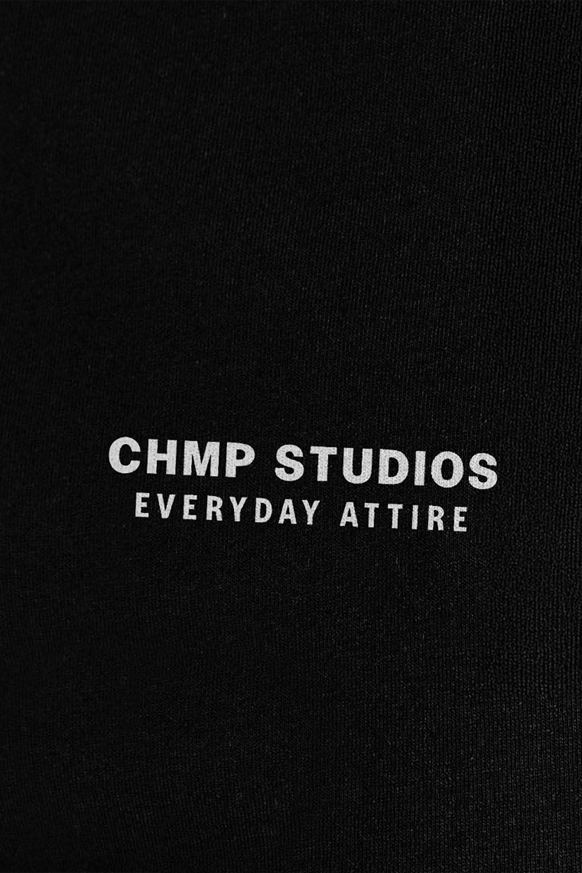 Kadın Oversize Tişört CHMP STUDIOS Baskılı Siyah – Bisiklet Yaka, %100 Pamuk Compact Süprem 24/1