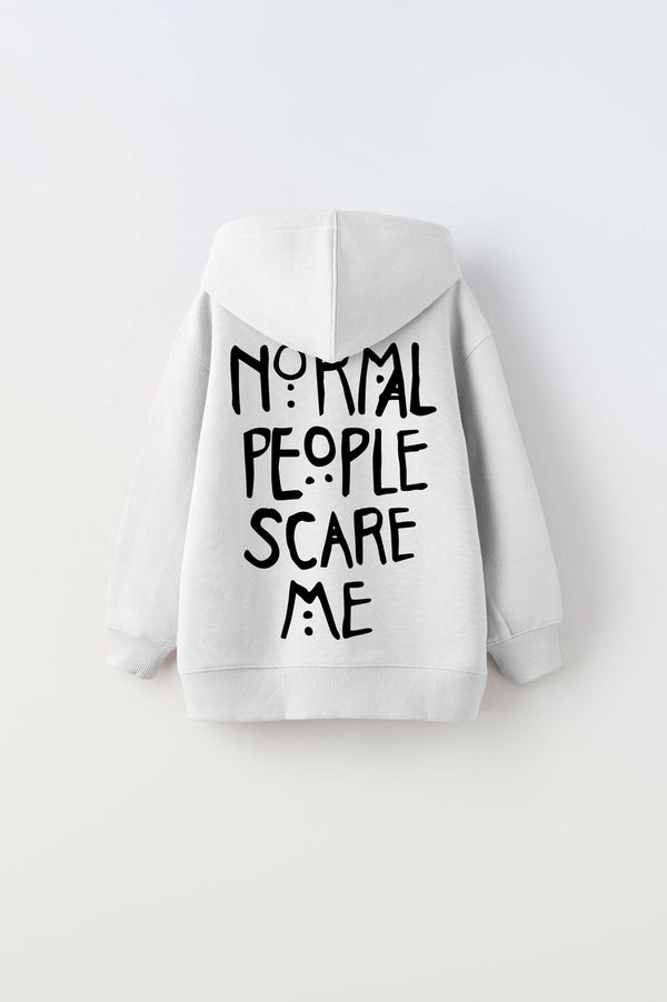 Kapüşonlu İçi Polar Normal People Scare Me Baskılı Beyaz Unisex Hoodie Çocuk Sweatshirt