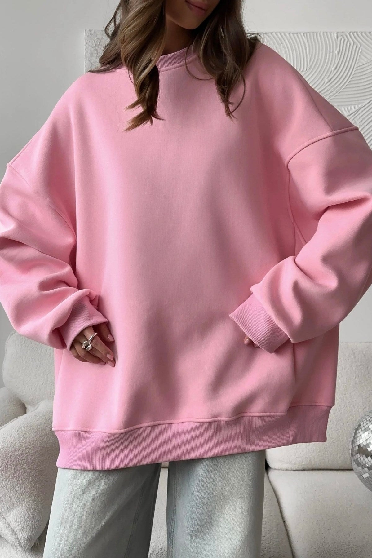 Kadın Oversize Sweatshirt Elbise Basic Pembe – Bisiklet Yaka, 3 İplik Şardonlu Polar