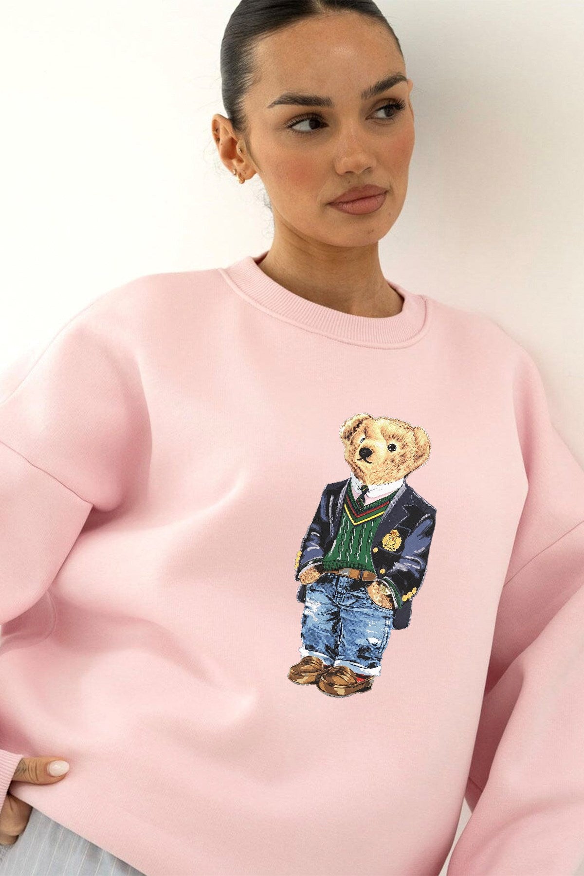 Kadın Oversize Sweatshirt Ivy Bear Baskılı Pembe – Bisiklet Yaka, 3 İplik Şardonlu