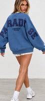 Kadın Oversize Sweatshirt Paradise Varsity Kabartma Baskılı Marine – Bisiklet Yaka, 3 İplik Şardonlu Polar