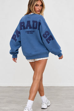 Kadın Oversize Sweatshirt Paradise Varsity Kabartma Baskılı Marine – Bisiklet Yaka, 3 İplik Şardonlu Polar