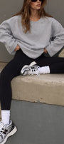 Kadın Relaxed Fit Sweatshirt Basic Gri Melanj – Bisiklet Yaka, 3 İplik Şardonsuz, Düşük Omuz