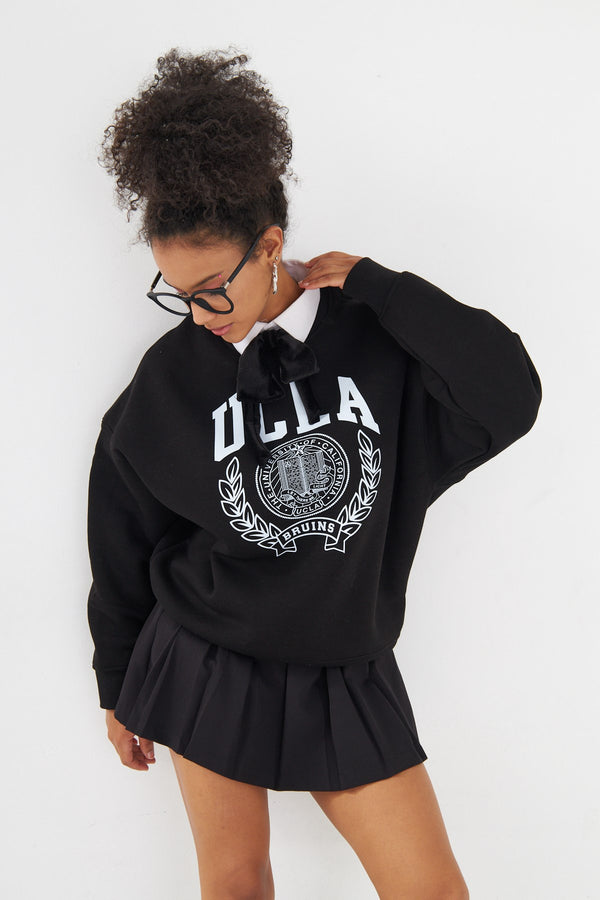 Ucla Yazı Baskılı Bisiklet Yaka İçi Polar Oversize Kesim Unisex Siyah Sweatshirt