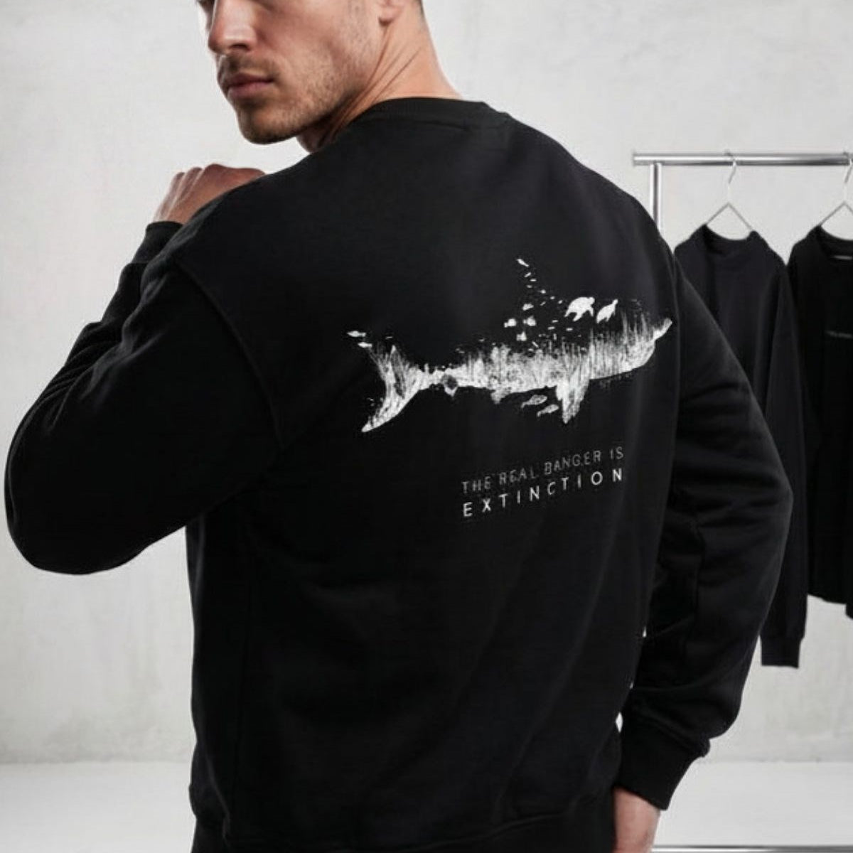 Erkek Oversize Sweatshirt Extinction Baskılı Siyah – Bisiklet Yaka, 3 İplik Şardonlu Polar